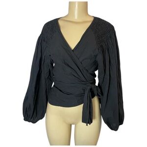 Merlette Sant Josep Black Wrap Blouse Embroidered Cotton Smocked Size Medium